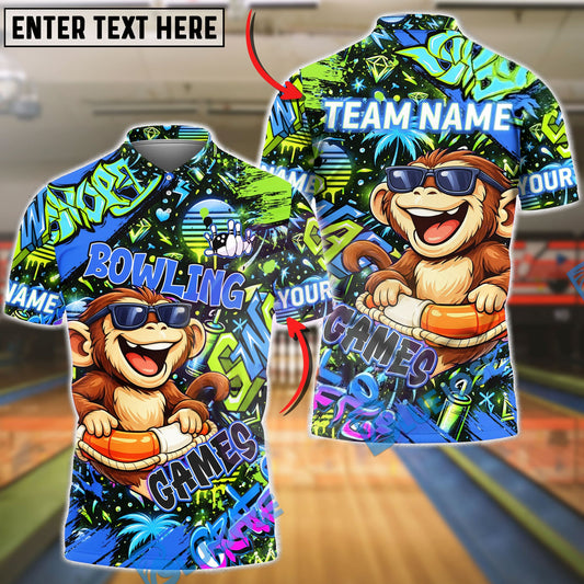 BlueJose Bowling & Pins Graffiti Cool Monkey Game Character Customized Name, Team Name 3D Shirt (4 Colors)