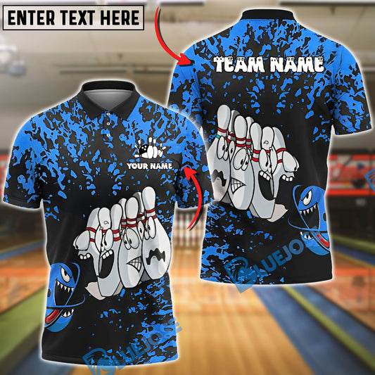 BlueJose Bowling And Pins Splatter Cartoon Pin Faces Customized Name, Team Name 3D Shirt (6 Colors)
