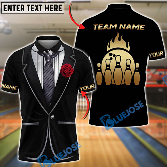 BlueJose Bowling And Pins Tuxedo Rose Customized Name, Team Name 3D Shirt