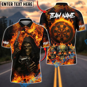 BlueJose Darts Flaming Skull Reaper And Gun Personalized Name, Team Name Unisex Shirt (4 Colors)