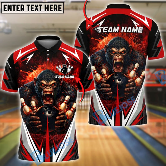 BlueJose Bowling & Pins Angry Gorilla Fire Customized Name, Team Name 3D Shirt (4 Colors)