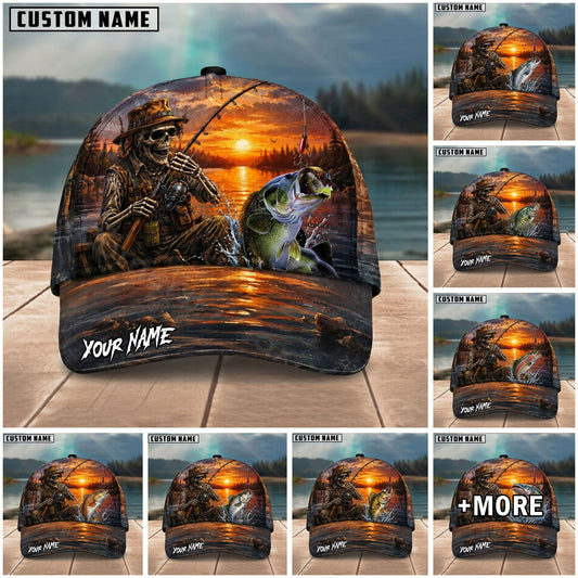 BlueJose Fishing Skull Angler Sunset Lake Personalized Name Classic 3D Cap (13 Breeds)