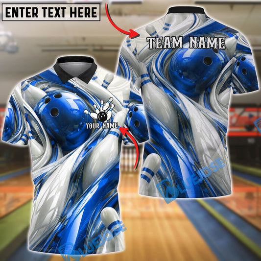 BlueJose Bowling And Pins Abstract Fluid White Customized Name, Team Name 3D Shirt (4 Colors)