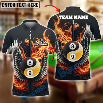 BlueJose Billiards Flaming Wings Yin-Yang 8 & 9 Ball Personalized Name Shirt (4 Colors)