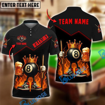 BlueJose Billiards 8 Ball King Fire Beer Style Personalized Name & Team Name Shirt (4 Colors)
