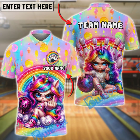 BlueJose Bowling And Pins Cute Angry Unicorn Rainbow Customized Name, Team Name 3D Shirt