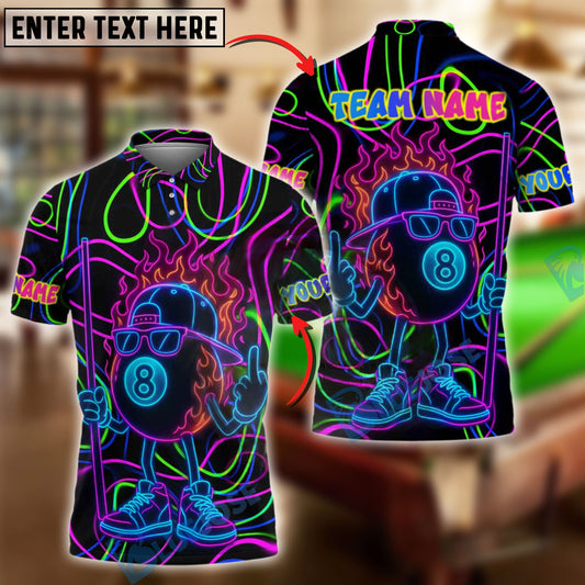 BlueJose Billiards 8-Ball Neon Flaming Personalized Name, Team Name Unisex Shirt