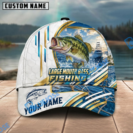 BlueJose Fishing White Hexagon Gold Line Offshore Boat Personalized Name Classic 3D Cap Personalized Cap (13 Breeds)