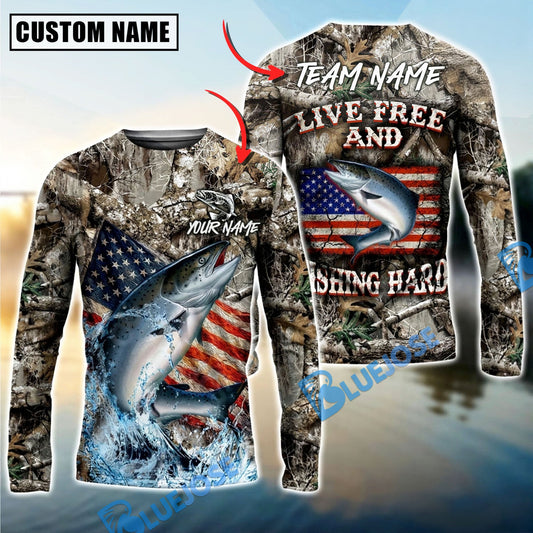 Bluejose Chinook Salmon Fishing Patriotic Camo Live Free Custom Name & Team Name 3D Shirts