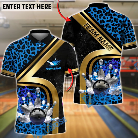 BlueJose Bowling & Pins Gold Diagonal Stripe Leopard Pattern Customized Name, Team Name 3D Shirt (4 Colors)