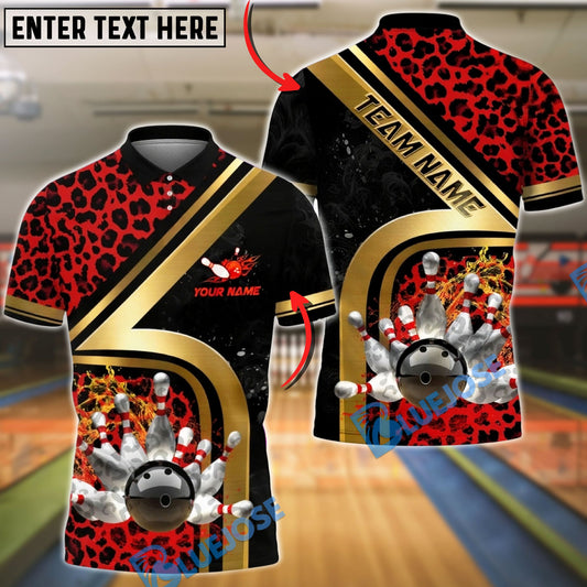 BlueJose Bowling & Pins Gold Diagonal Stripe Leopard Pattern Customized Name, Team Name 3D Shirt (4 Colors)