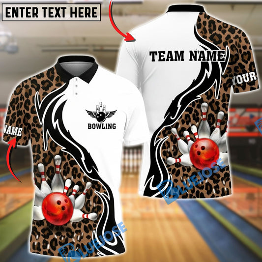 BlueJose Bowling & Pins Flame Motion Leopard Skin Design Customized Name, Team Name 3D Shirt (6 Colors)