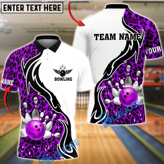 BlueJose Bowling & Pins Flame Motion Leopard Skin Design Customized Name, Team Name 3D Shirt (6 Colors)