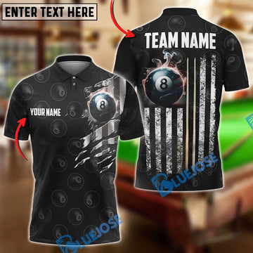 BlueJose Billiards Ball 8 with USA Flag Stripes Pattern Customized Name, Team Name 3D Shirt