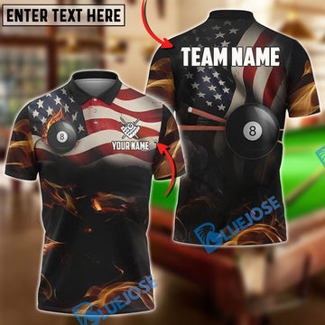 BlueJose Billiards USA Flag with Flaming 8-Ball Customized Name, Team Name 3D Shirt