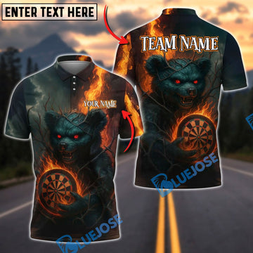 BlueJose Darts Dark Bear with Flaming Dartboard Customized Name, Team Name 3D Shirt (4 Colors)