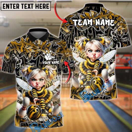 BlueJose Bowling And Pins Angry Bee Girl Strike Ball Pin Action Graffiti Customized Name, Team Name 3D Shirt