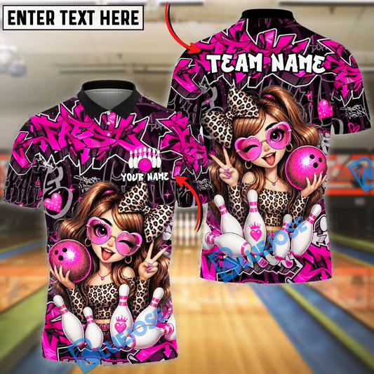 BlueJose Bowling And Pins Cute Leopard Girl Strike Graffiti Style Customized Name, Team Name 3D Shirt (6 Colors)