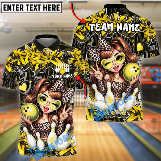 BlueJose Bowling And Pins Cute Leopard Girl Strike Graffiti Style Customized Name, Team Name 3D Shirt (6 Colors)