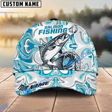 Bluejose Personalized Salmon Fishing Hat with Custom Name, Artistic Blue Water Pattern Cap, Unique Gift for Freshwater Anglers & Outdoor Fishermen