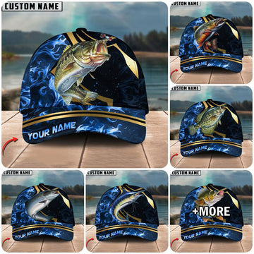 BlueJose Fishing Blue Ocean Wave & Gold Geometric Personalized Cap (12 Breeds)