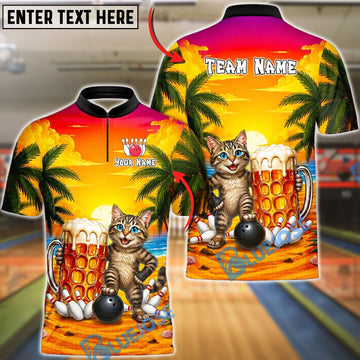 BlueJose Bowling Sunset Happy Cat Beer Customized Name, Team Name 3D Shirt