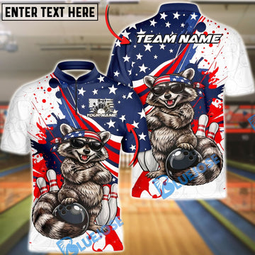 BlueJose Bowling Patriotic Cool Raccoon Mascot Customized Name, Team Name 3D Shirt