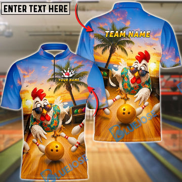 BlueJose Bowling Funny Tropical Hawaiian Rooster Strike Customized Name, Team Name 3D Shirt