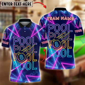 BlueJose Billiards Pool 8-Ball Neon Repeated Customized Name, Team Name 3D Shirt