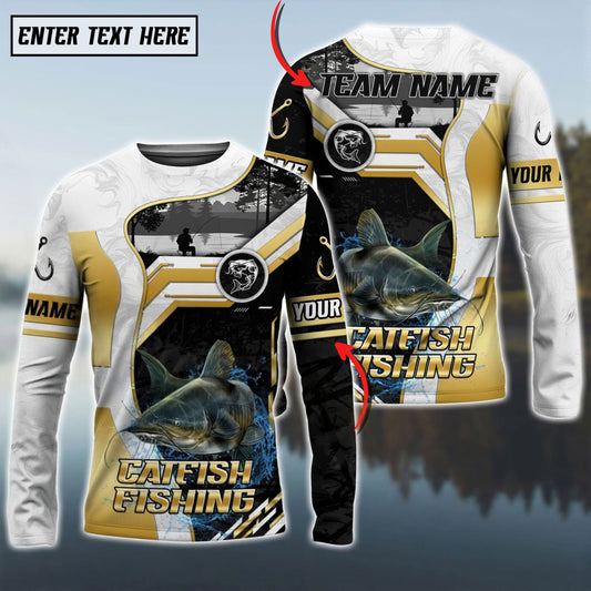 Bluejose Catfish Fishing Angler Gold White Custom Name & Team Name 3D Shirts