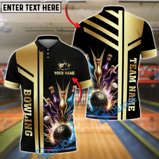 BlueJose Bowling And Pins Premium Gold Customized Name 3D Shirt (6 Colors)