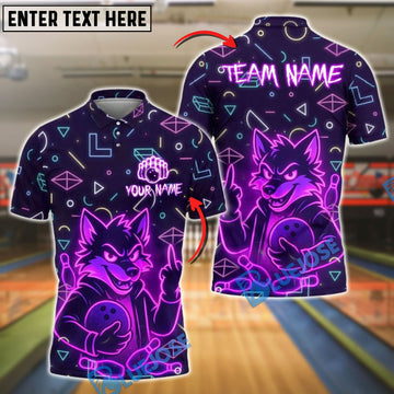 BlueJose Bowling And Pins Neon Angry Wolf Design Customized Name, Team Name 3D Shirt (4 Colors)