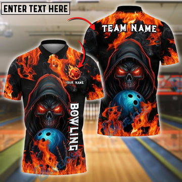 BlueJose Bowling Flaming Skull with Fireball Customized Name, Team Name 3D Shirt (4 Colors)