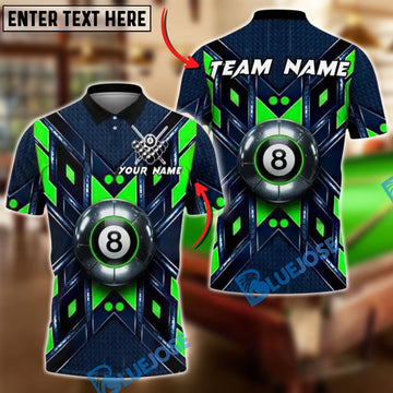 BlueJose Billiards 8 Ball Metal Shield Glow Personalized Name, Team Name Unisex Shirt (4 Colors)