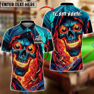 BlueJose Billiards Fiery Inferno Skull With Burning 8 Ball Eyes Personalized Name, Team Name Unisex Shirt (4 Colors)
