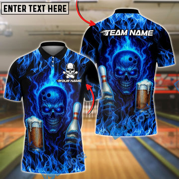 BlueJose Bowling And Pins Skull Flame Beer Customized Name, Team Name 3D Shirt (4 Colors)