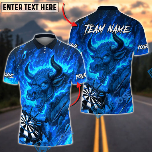BlueJose Darts Bull Fire Flames Personalized Name, Team Name Unisex Shirt (4 Colors)