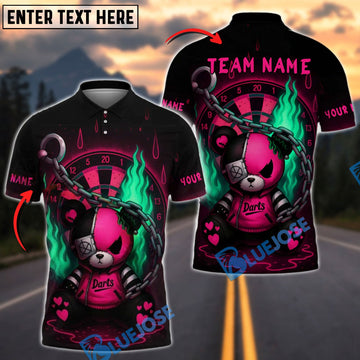 BlueJose Darts Teddy with Chains & Flames Personalized Name, Team Name Shirt (4 Colors)