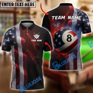 BlueJose Billiards American Flag 8 Ball Thunder Design Personalized Name, Team Name Unisex Shirt