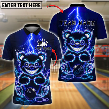 BlueJose Bowling And Pins Electric Bear Glowing Eyes Customized Name, Team Name 3D Shirt (4 Colors)