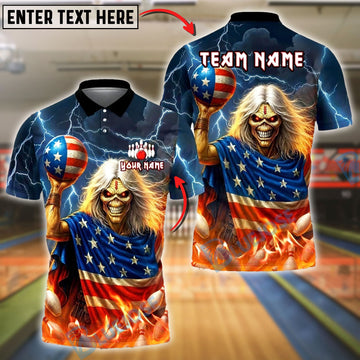 BlueJose Bowling And Pins Skull American Flag Flame Customized Name, Team Name 3D Shirt (4 Colors)