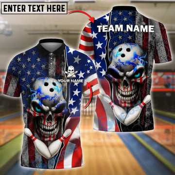 BlueJose Bowling Skull Blue Flame American Flag Personalized Name, Team Name 3D Shirt