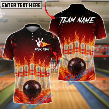 BlueJose Bowling And Pins Flaming Pins and Ball Customized Name, Team Name 3D Shirt (4 Colors)