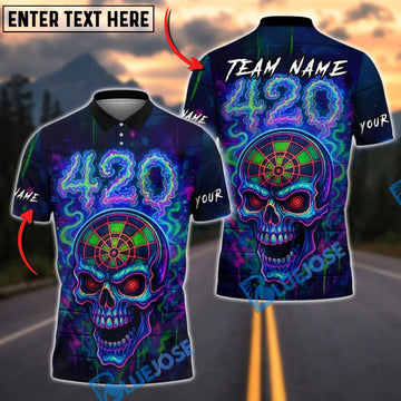BlueJose Darts Skull 420 Neon Dartboard Glow Personalized Name, Team Name Unisex Shirt (4 Colors)