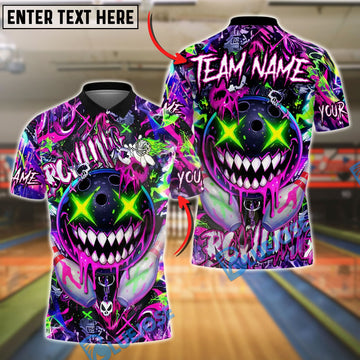 BlueJose Bowling And Pins Crazy Smile Neon Graffiti Customized Name, Team Name 3D Shirt (4 Colors)
