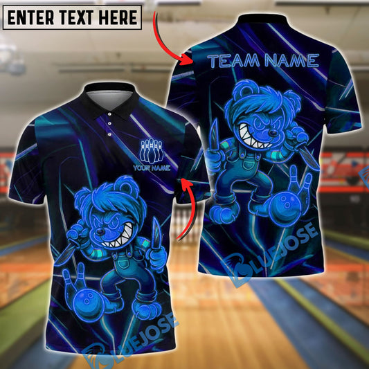 BlueJose Bowling And Pins Killer Bear Neon Glow Customized Name, Team Name 3D Shirt (4 Colors)