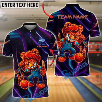 BlueJose Bowling And Pins Killer Bear Neon Glow Customized Name, Team Name 3D Shirt (4 Colors)