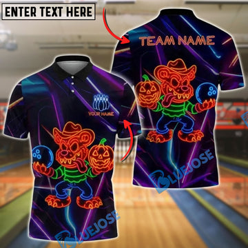 BlueJose Bowling And Pins Monster Bear Pumpkin Neon Glow Customized Name, Team Name 3D Shirt (4 Colors)