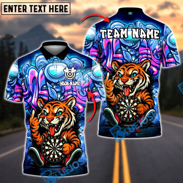 BlueJose Darts Funny Tiger Pose Customized Name, Team Name 3D Shirt (4 Colors)