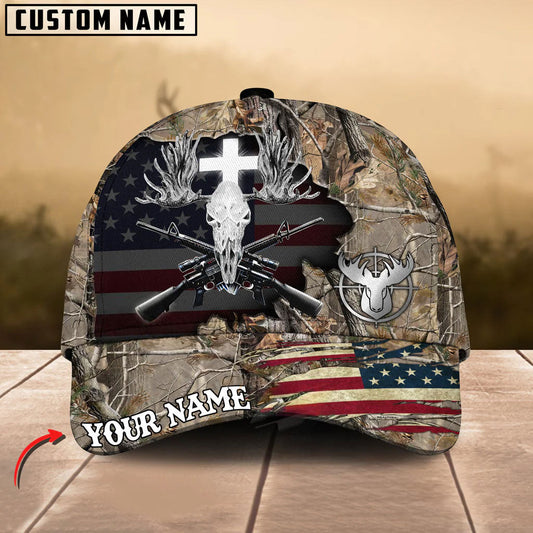 BlueJose Moose Hunting Cross Antler Skull & Rifles USA Flag Design Customized Name 3D Classic Cap